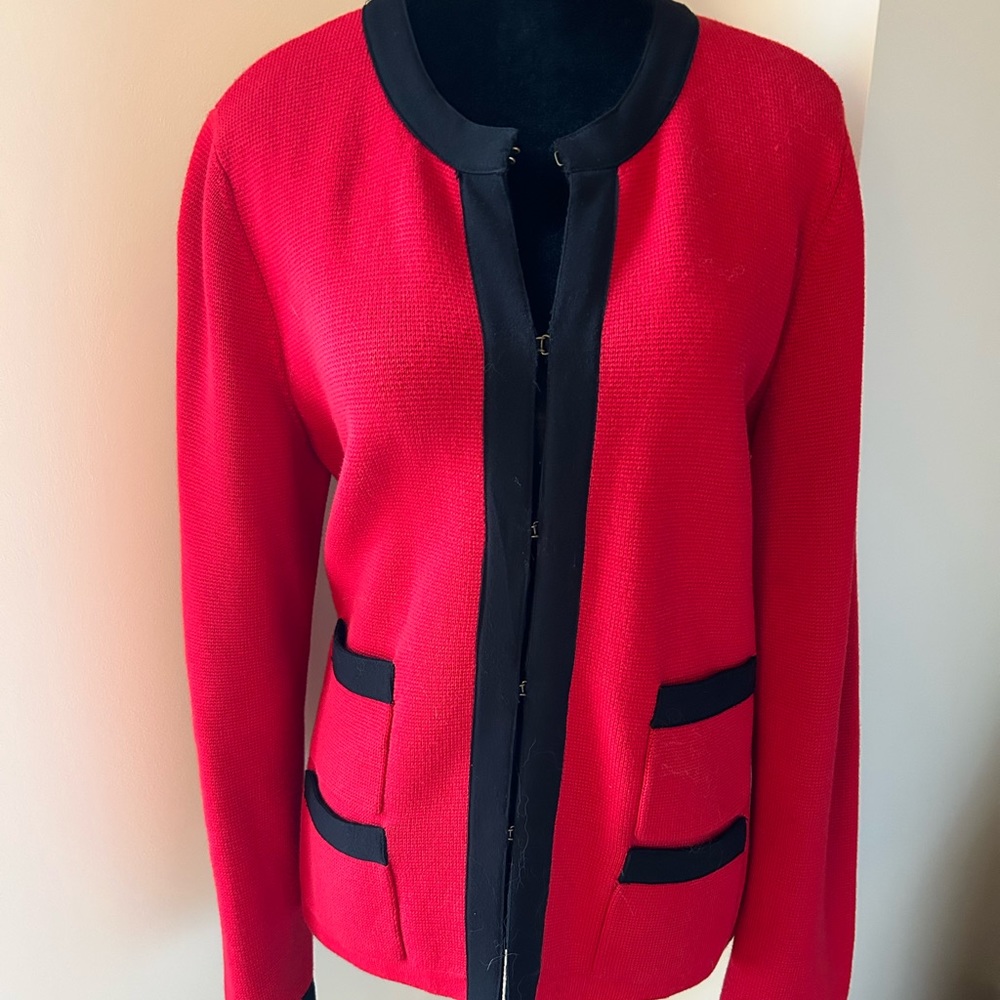 Talbots Red and Black Trim Knit Blazer Jacket